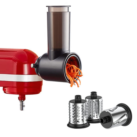 InnoMoon slicer-shredder attachment mounted on a KitchenAid mixer for easy prep