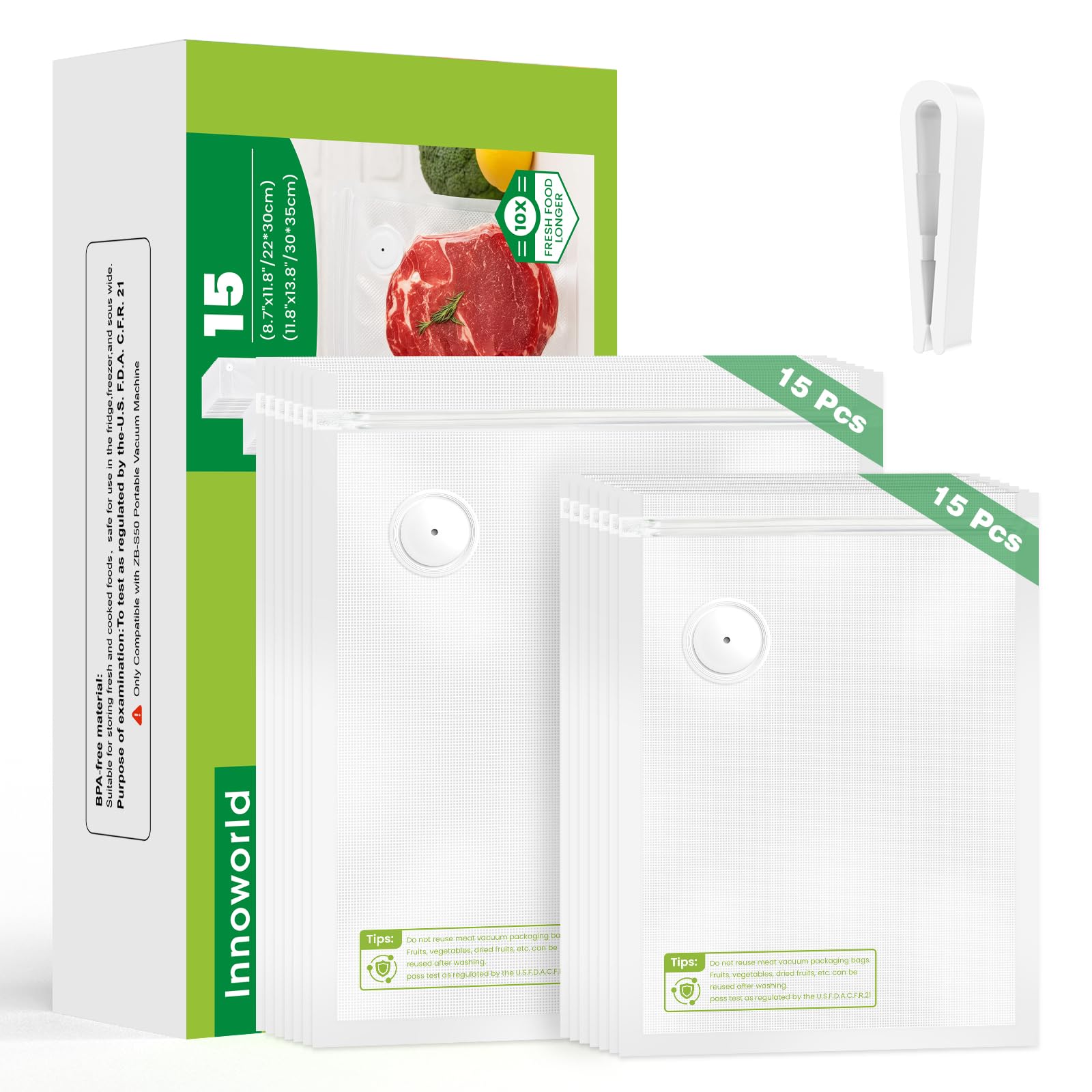Innoworld reusable vacuum sealer bags sealed for freezer storage