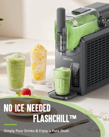 INOVIVA slushie machine in action showing no ice needed for beverage prep