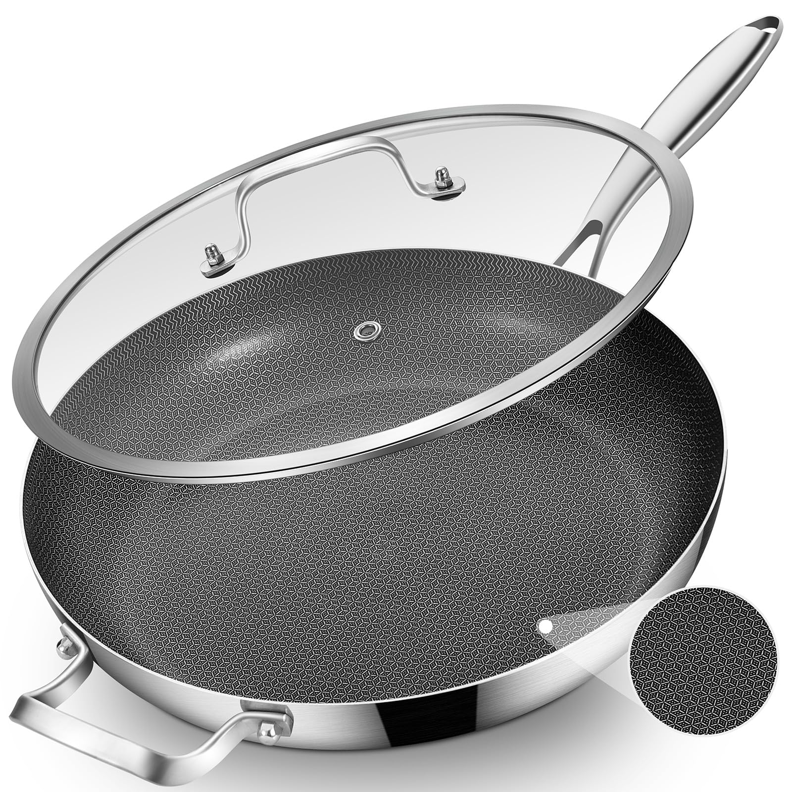 Inqibee hybrid ceramic tri-ply pan with lid for steady heat and visibility.
