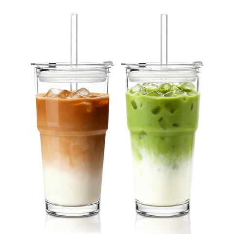 INSETLAN 20oz clear glass cup with lid and straw for spill-free iced drinks