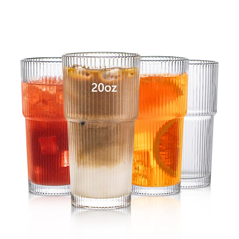 INSETLAN 20oz ribbed glass tumbler for iced coffee with secure grip.