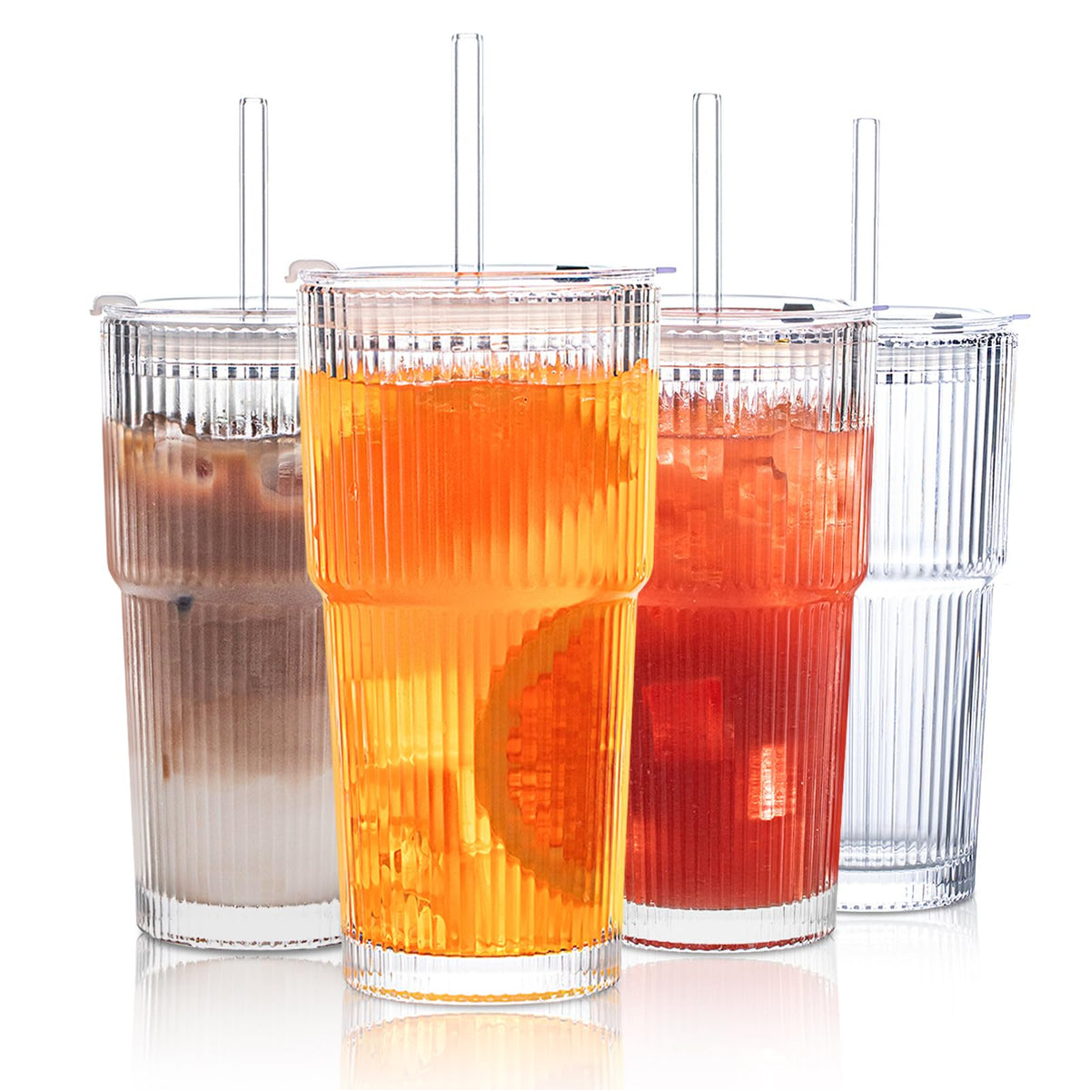 INSETLAN 20oz ribbed glass tumbler with lid for spill-free travel.