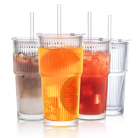 INSETLAN 20oz ribbed glass tumbler with lid for spill-free travel.