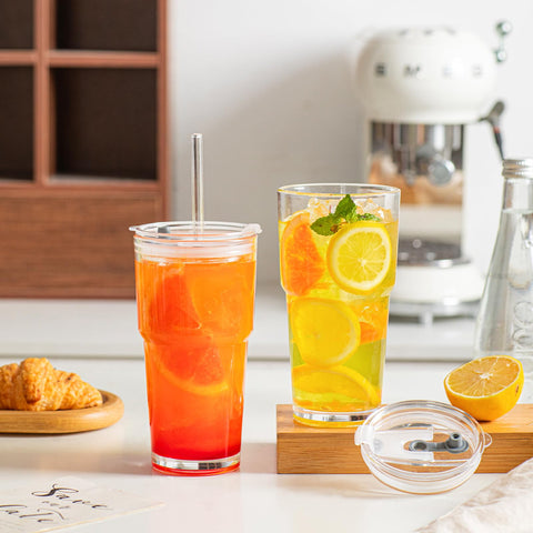 INSETLAN glass cup with straw and lid highlighting beverage layers
