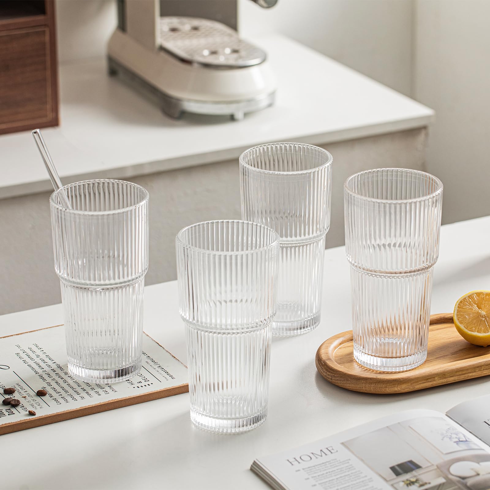 INSETLAN kitchen display ribbed glass tumbler enhances casual dining.