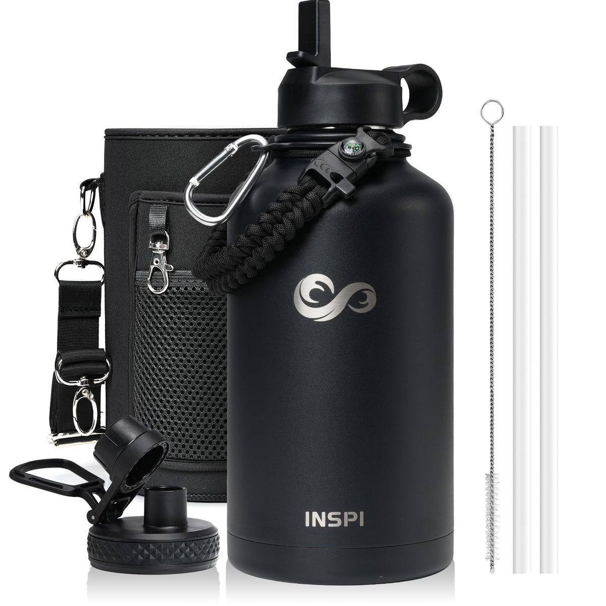 INSPI insulated water bottle 64oz with paracord handle and compass for outdoor adventures
