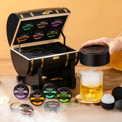 INSISART cocktail smoker kit with wooden barrel enhances smoky aroma in cocktails.