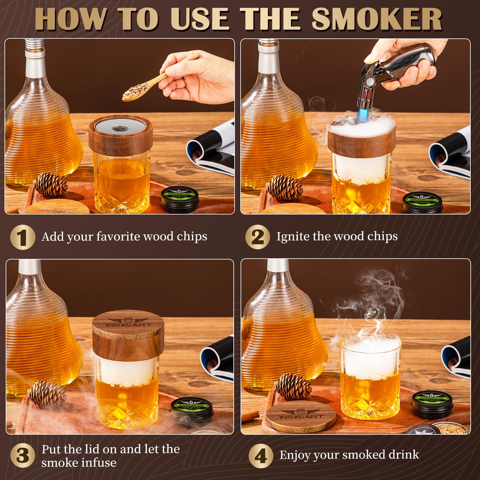 INSISART whiskey smoker kit bottle in use shows rapid smoky infusion.