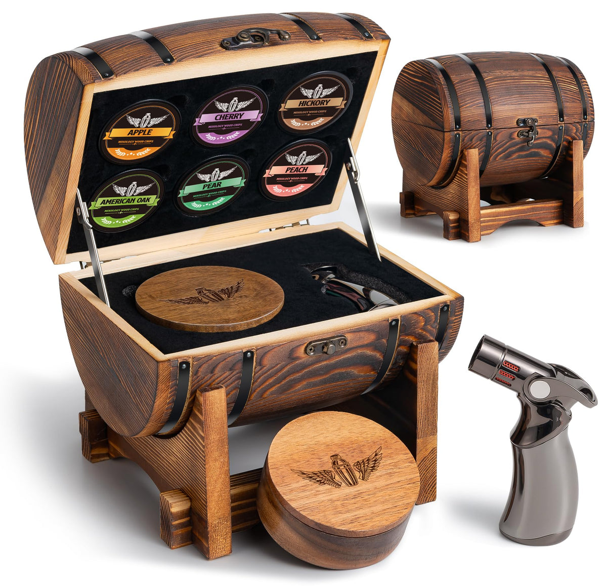 INSISART whiskey smoker kit with display barrel showing organized bar decor and tool storage