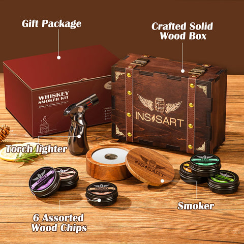 INSISART whiskey smoker kit wooden box opened shows elegant storage.