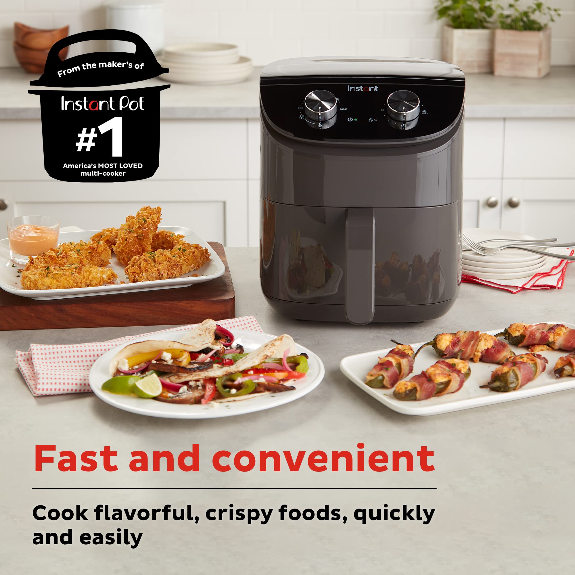Instant Pot Essentials 4QT Air Fryer shows EvenCrisp airflow for golden results.