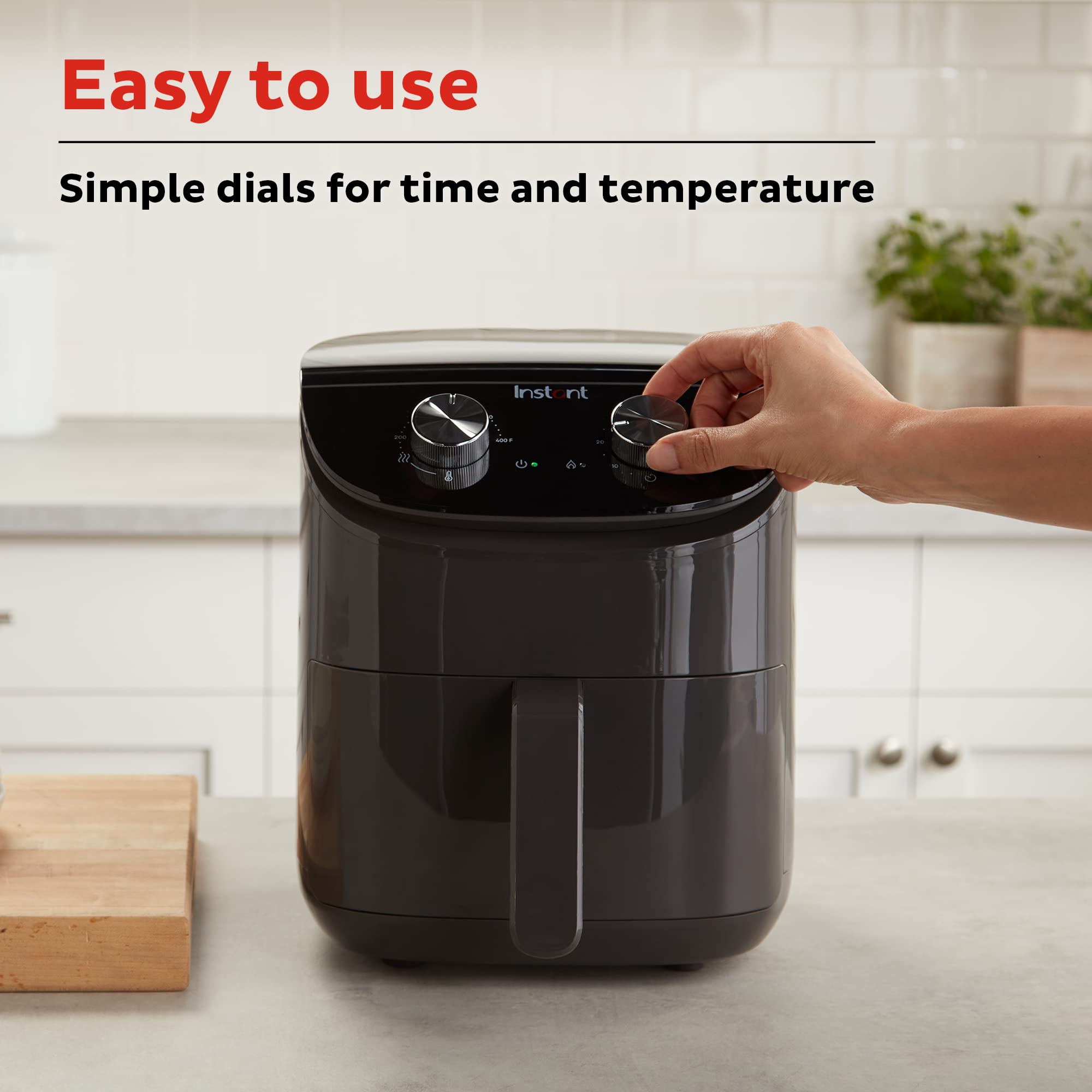 Instant Pot Essentials 4QT Air Fryer dials for easy time and temp control.