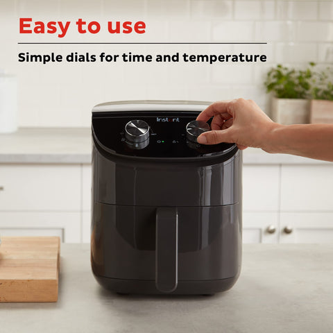 Instant Pot Essentials 4QT Air Fryer dials for easy time and temp control.