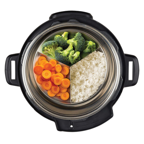 Red Instant Pot round pan designed for versatile cooking tasks.