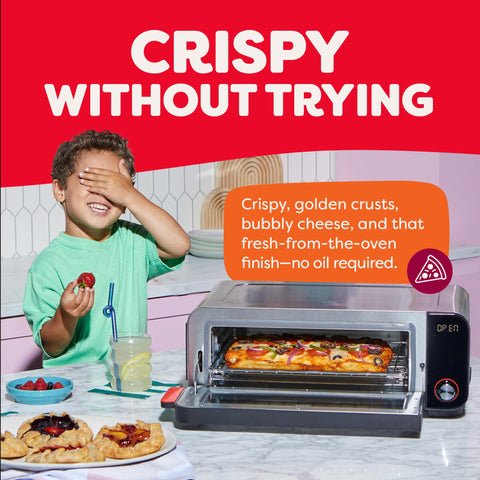 Compact countertop design of the InstantPot InstantHeat pizza oven shows space efficiency.