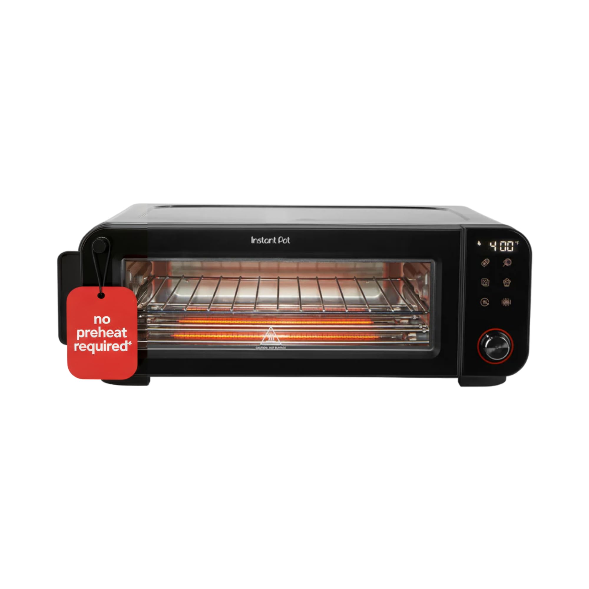 Instant Pot InstantHeat pizza oven front view highlights quick preheat and compact size.