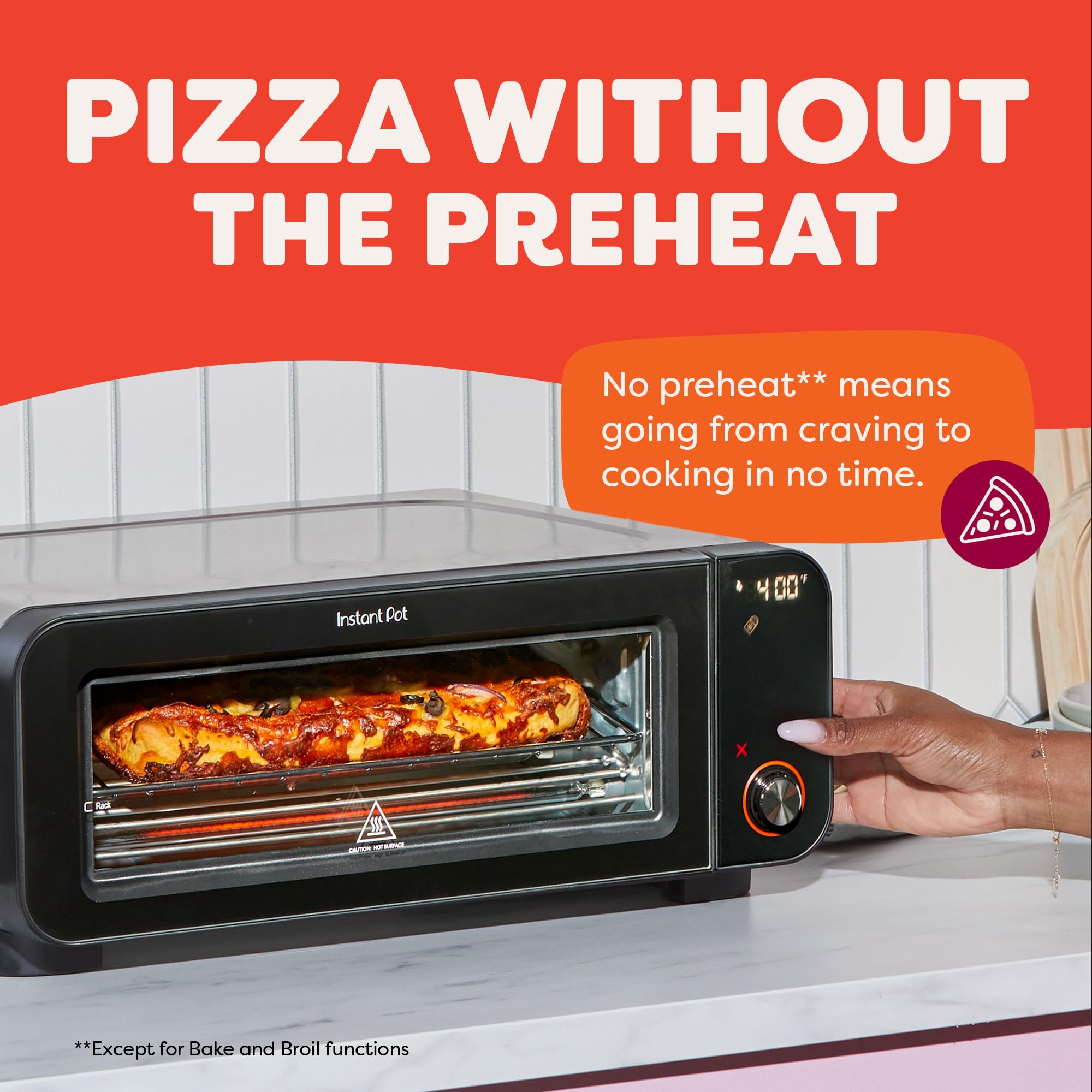 Instant Pot InstantHeat pizza oven interior with pizza and chrome rack.