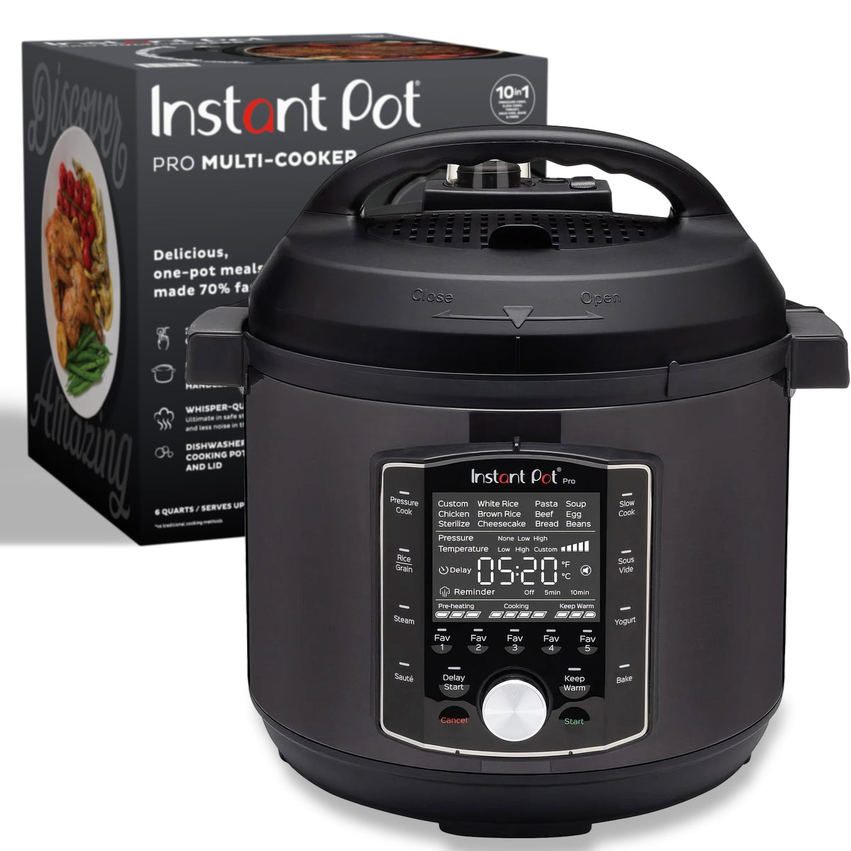 Instant Pot Pro 10-in-1 front view displaying control panel for versatile cooking.