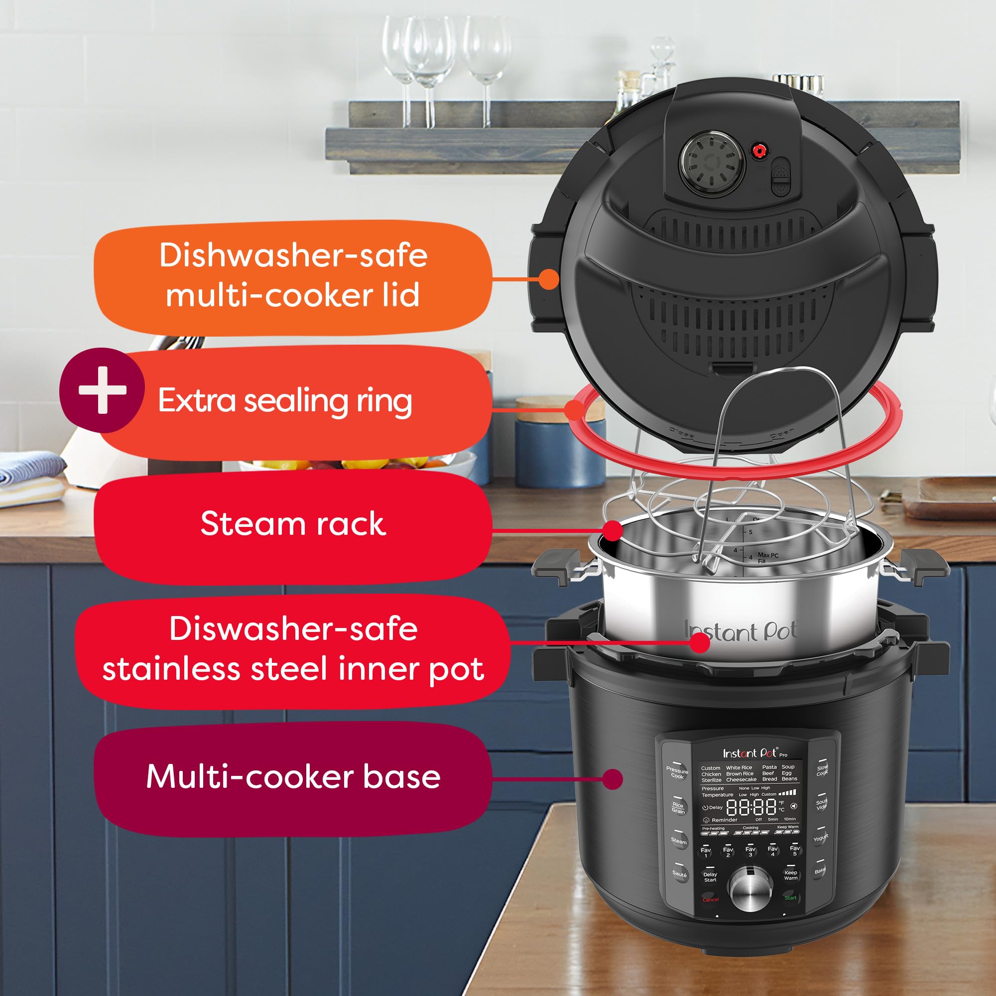 Instant Pot Pro 10-in-1 steam release switch for safe venting.