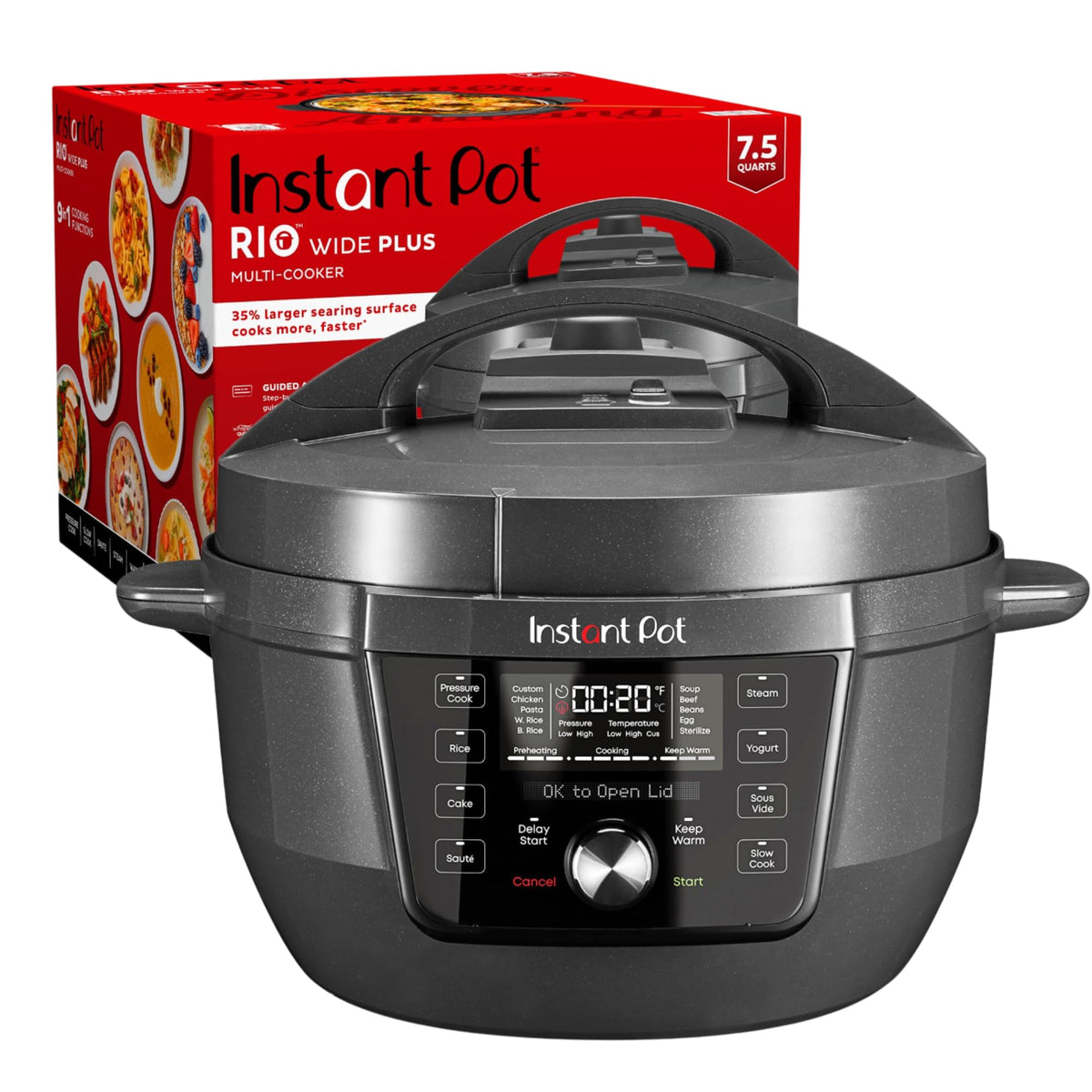 Instant Pot RIO Wide Plus interior view with 7.5-quart capacity for family meals.