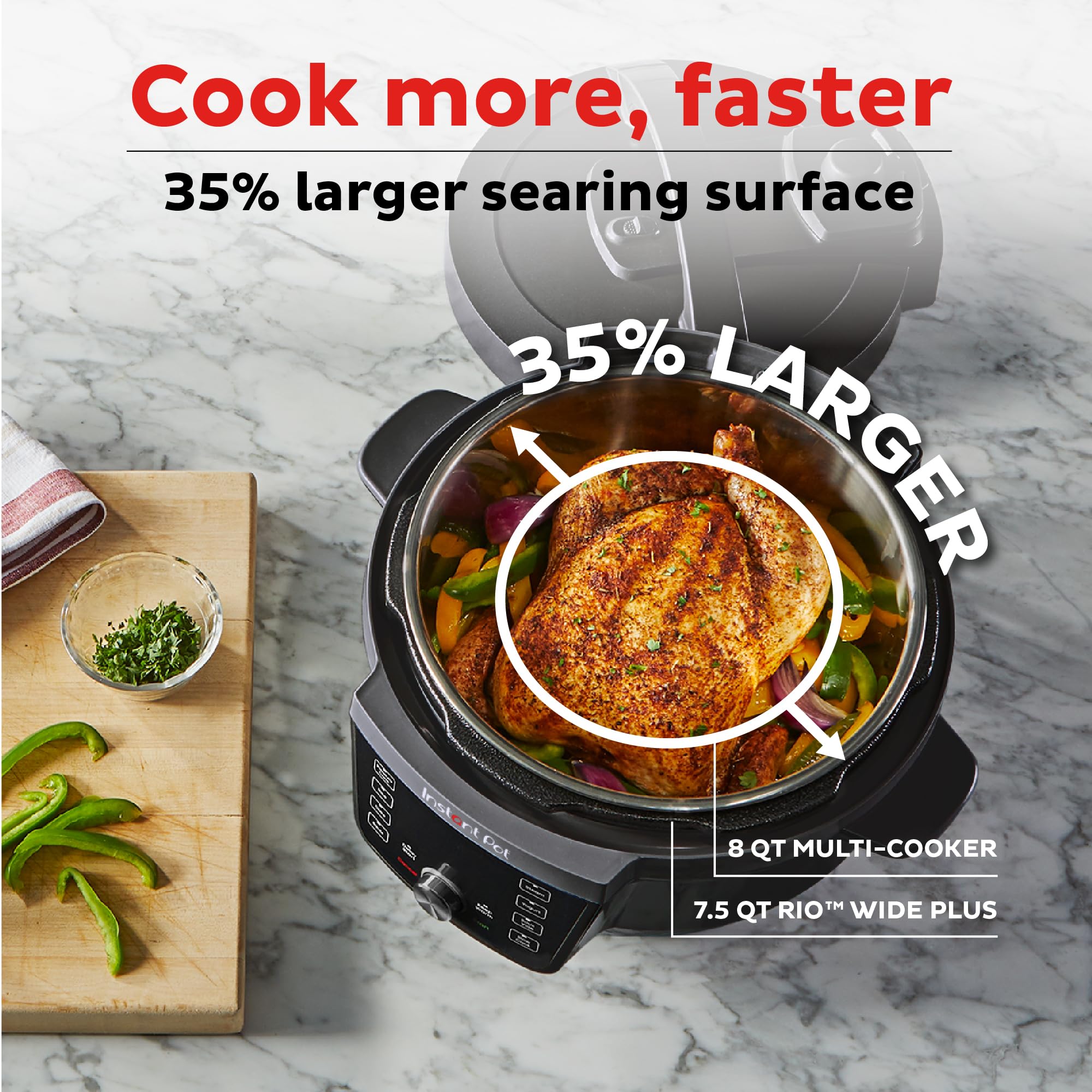 Instant Pot RIO Wide Plus display icons show nine cooking functions.