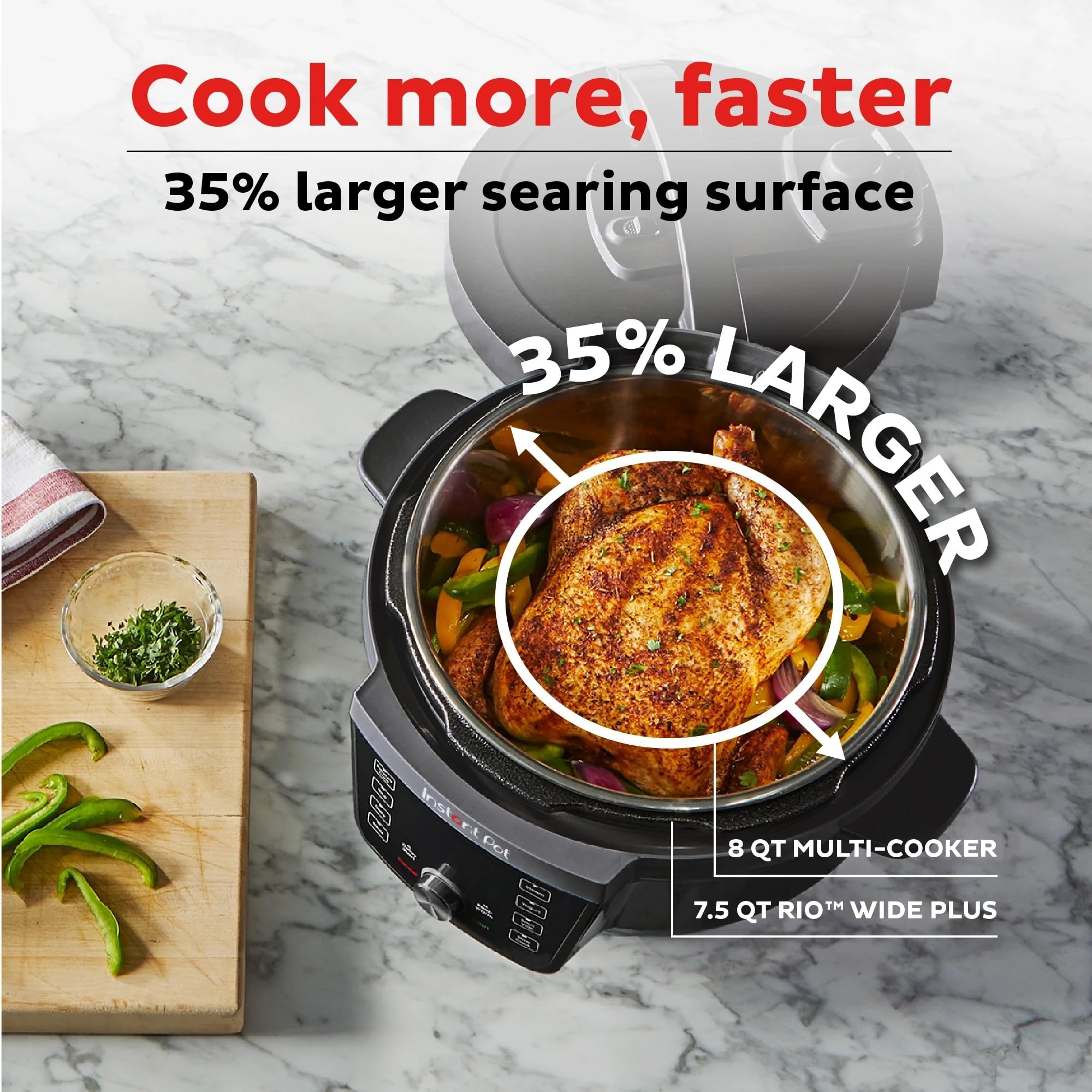 Instant Pot RIO Wide Plus angled control panel guides cooking.</br>
