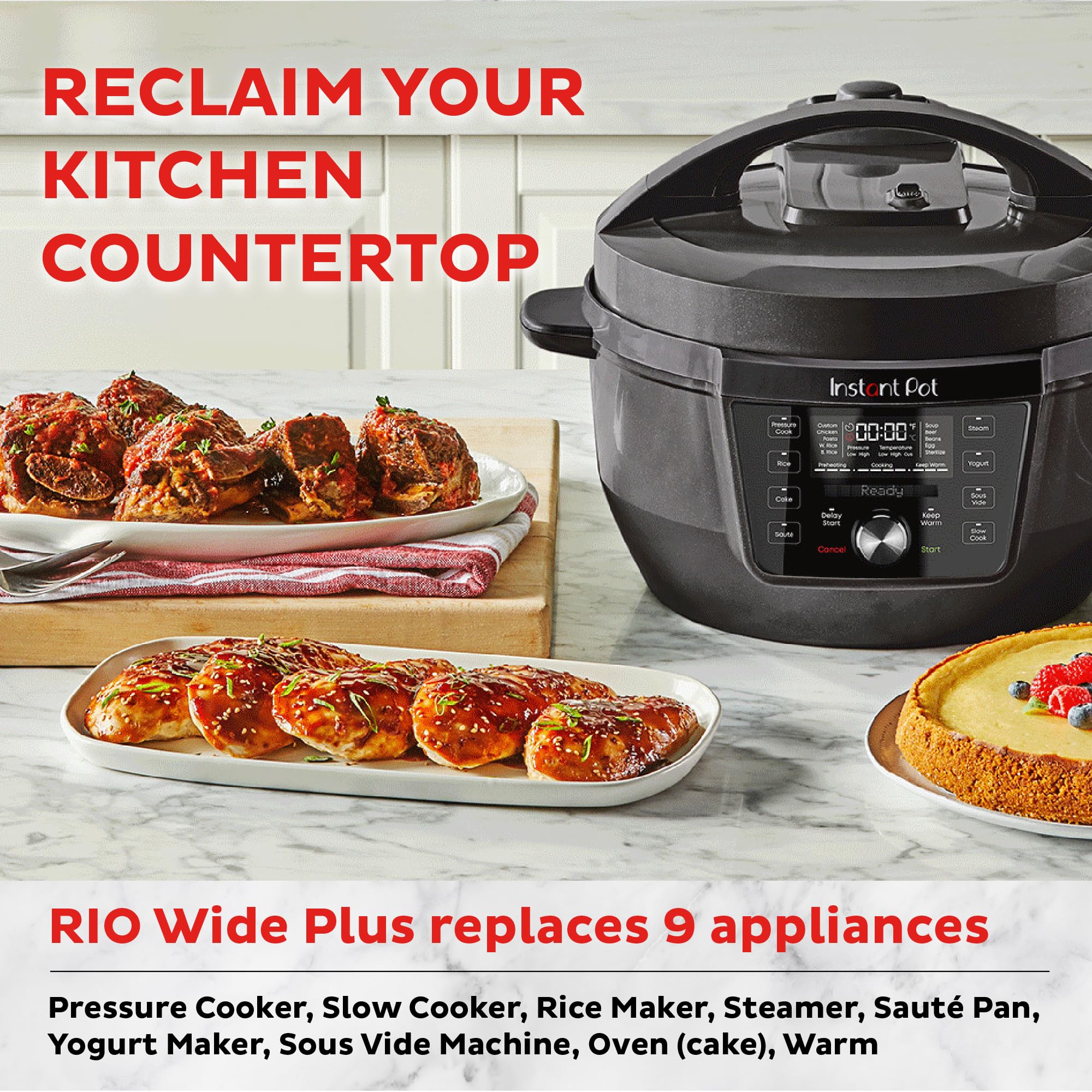 Instant Pot RIO Wide Plus dishwasher-safe lid and inner pot for easy cleanup.