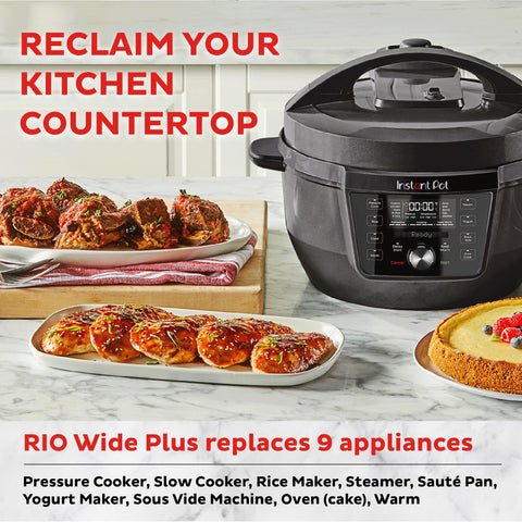 Instant Pot RIO Wide Plus dishwasher-safe lid and inner pot for easy cleanup.