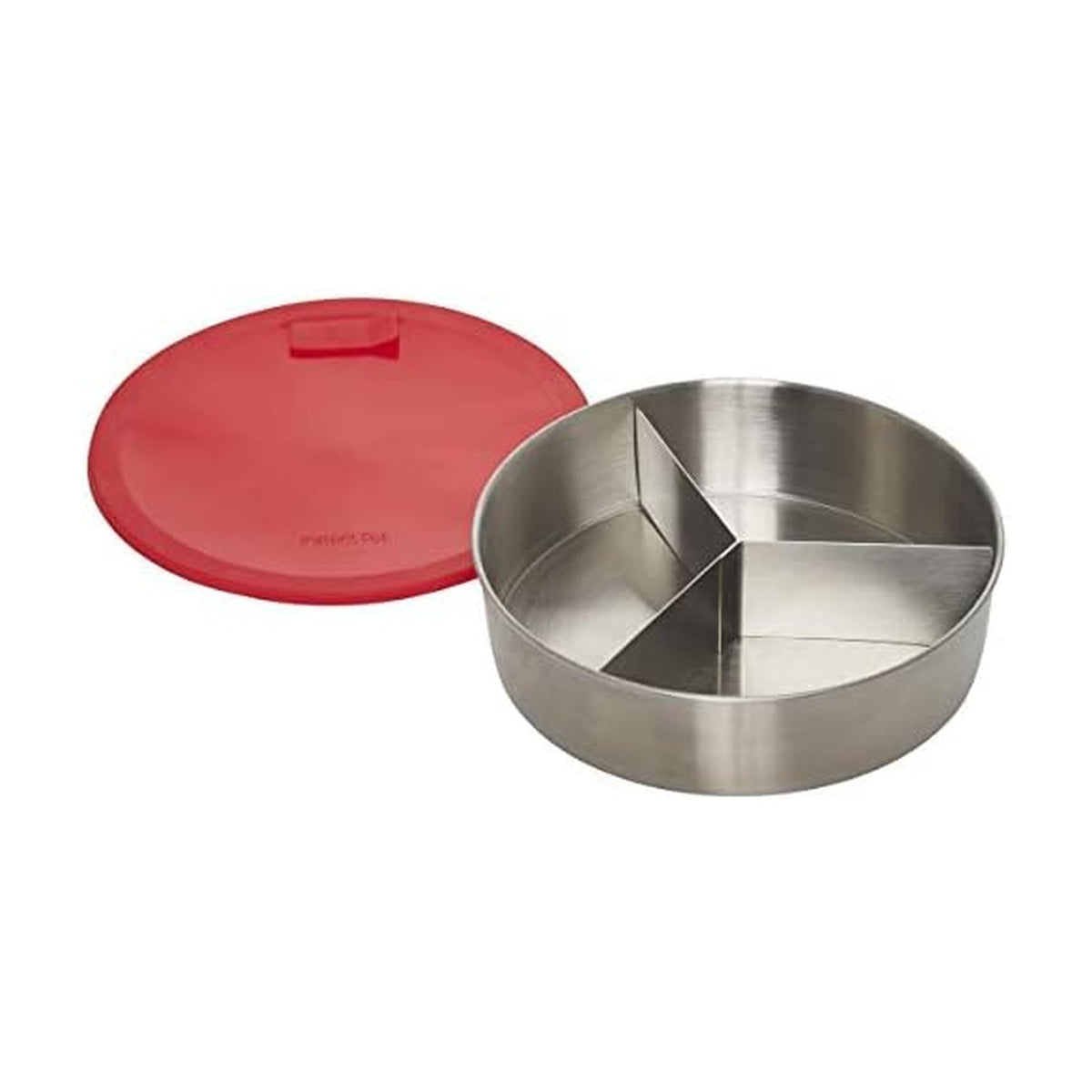 Instant Pot round nonstick pan with lid on for safe cooking.