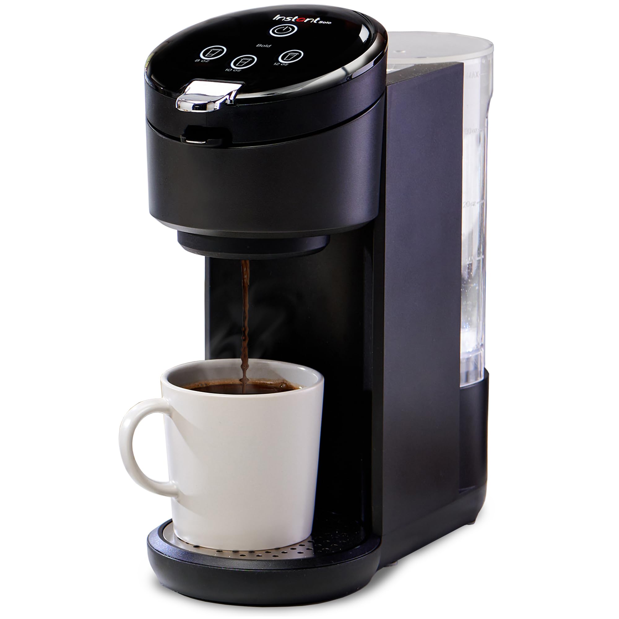 Instant Solo front view shows a compact, counter-friendly coffee maker for stairs-free mornings.
