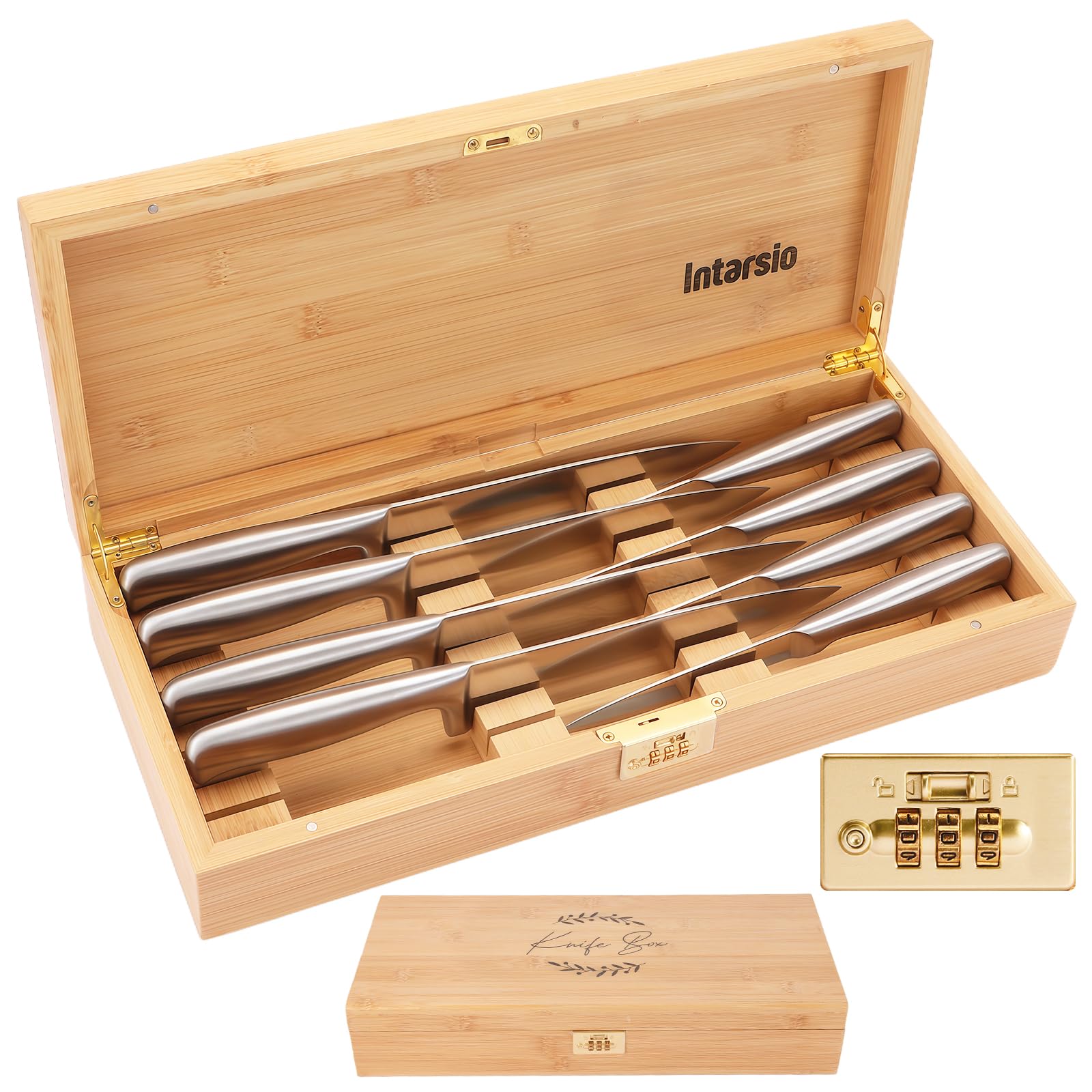 Intarsio lockable bamboo knife box keeps blades secure and organized on the counter.