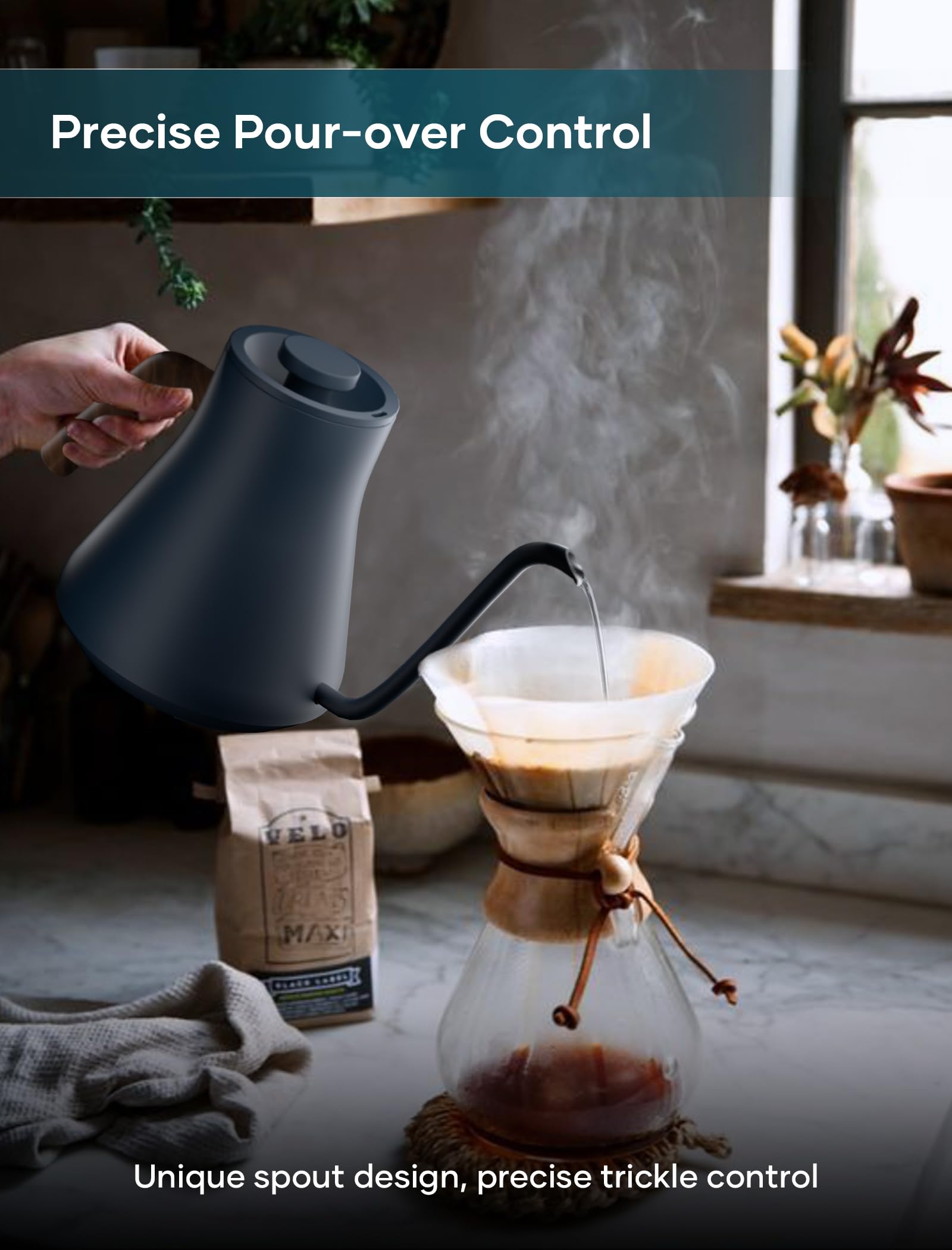 INTASTING electric kettle 0.9L capacity ideal for single servings.