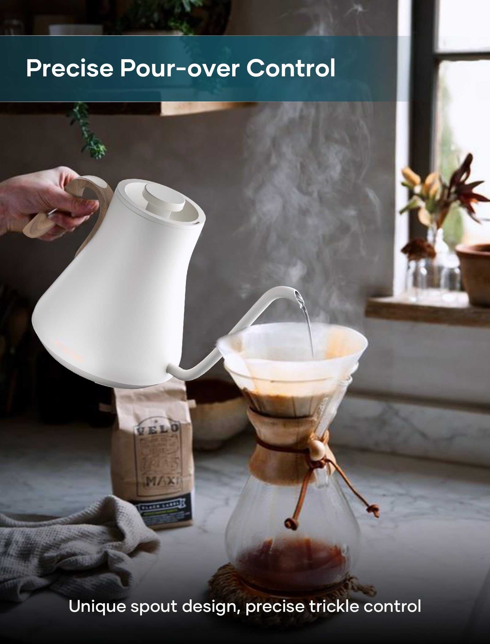 INTASTING electric kettle brew stopwatch display helps time pour-over steps.