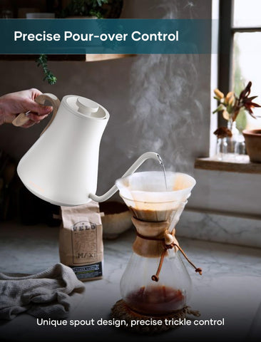 INTASTING electric kettle brew stopwatch display helps time pour-over steps.