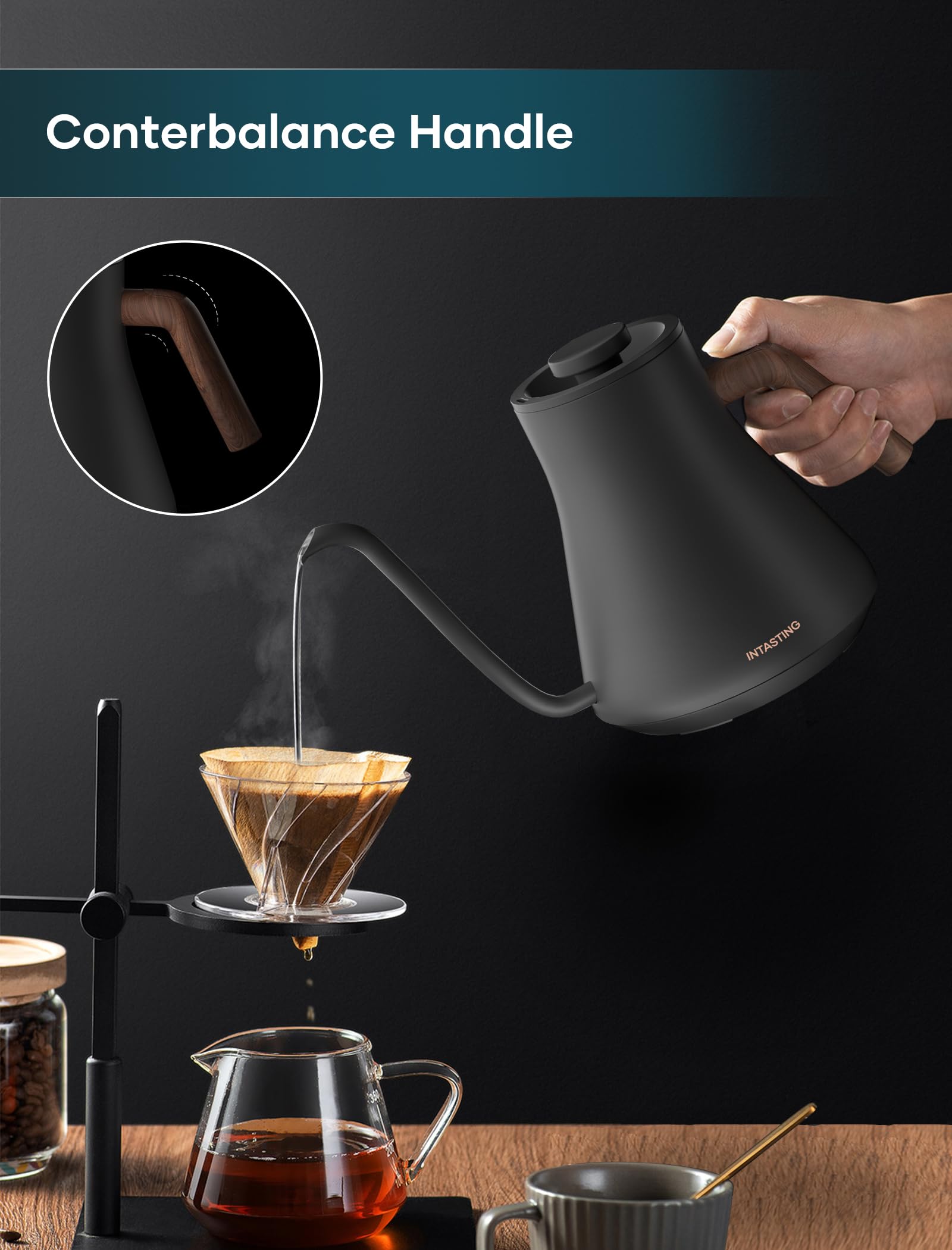 INTASTING brew stopwatch on the display aids consistent timing.