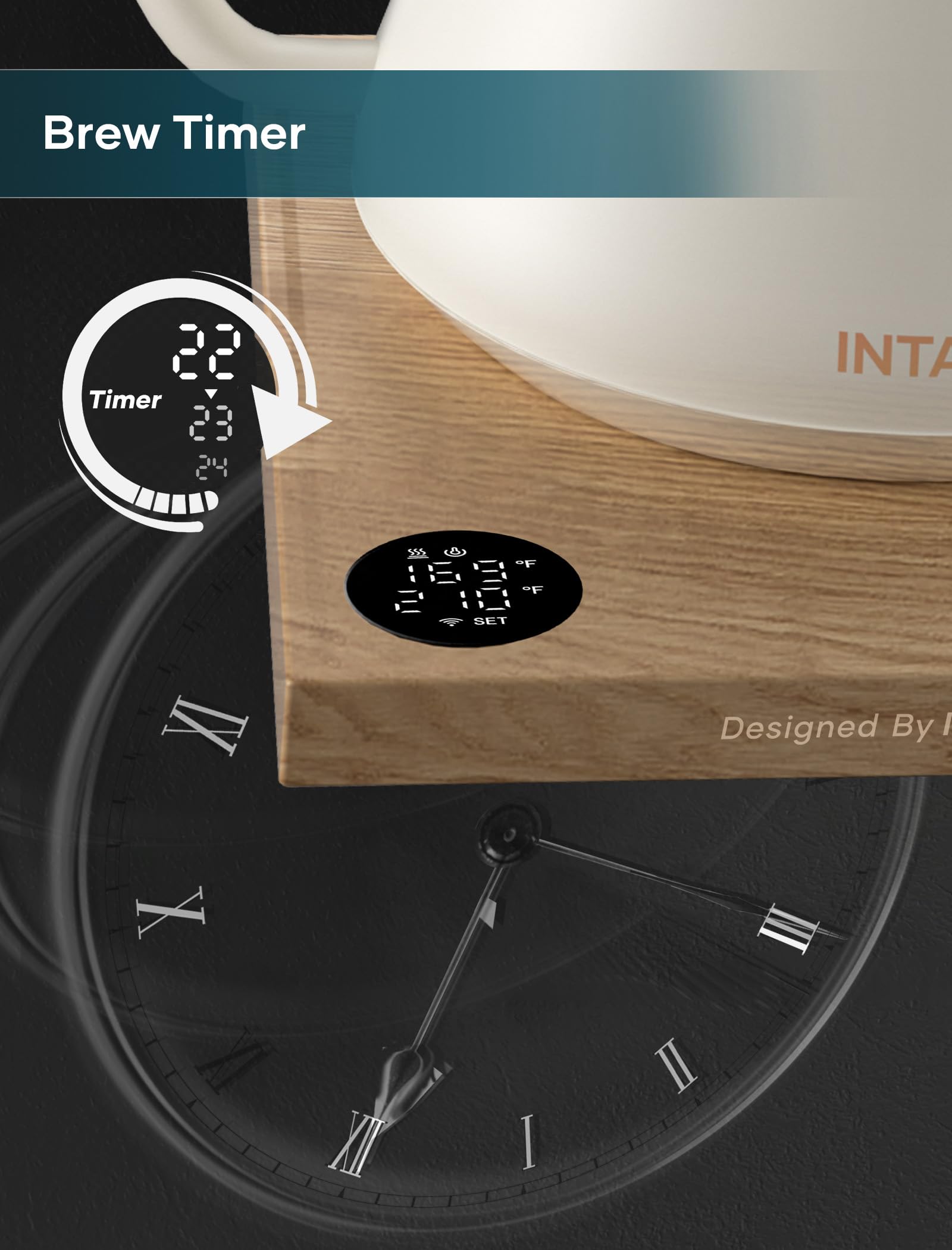 INTASTING electric kettle ergonomic wood-style handle enhances grip and control.
