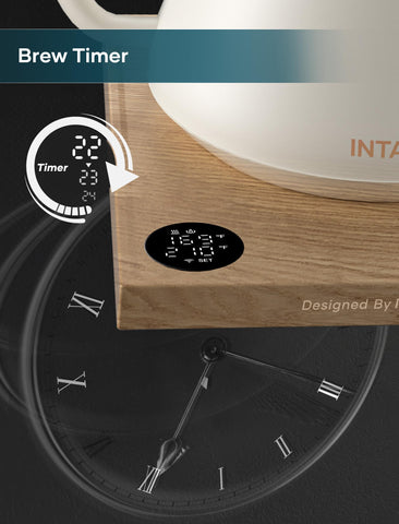 INTASTING electric kettle ergonomic wood-style handle enhances grip and control.