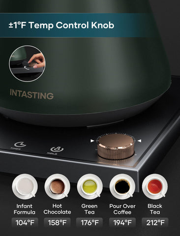 INTASTING electric kettle forest green control panel shows brew stopwatch for timing pours.