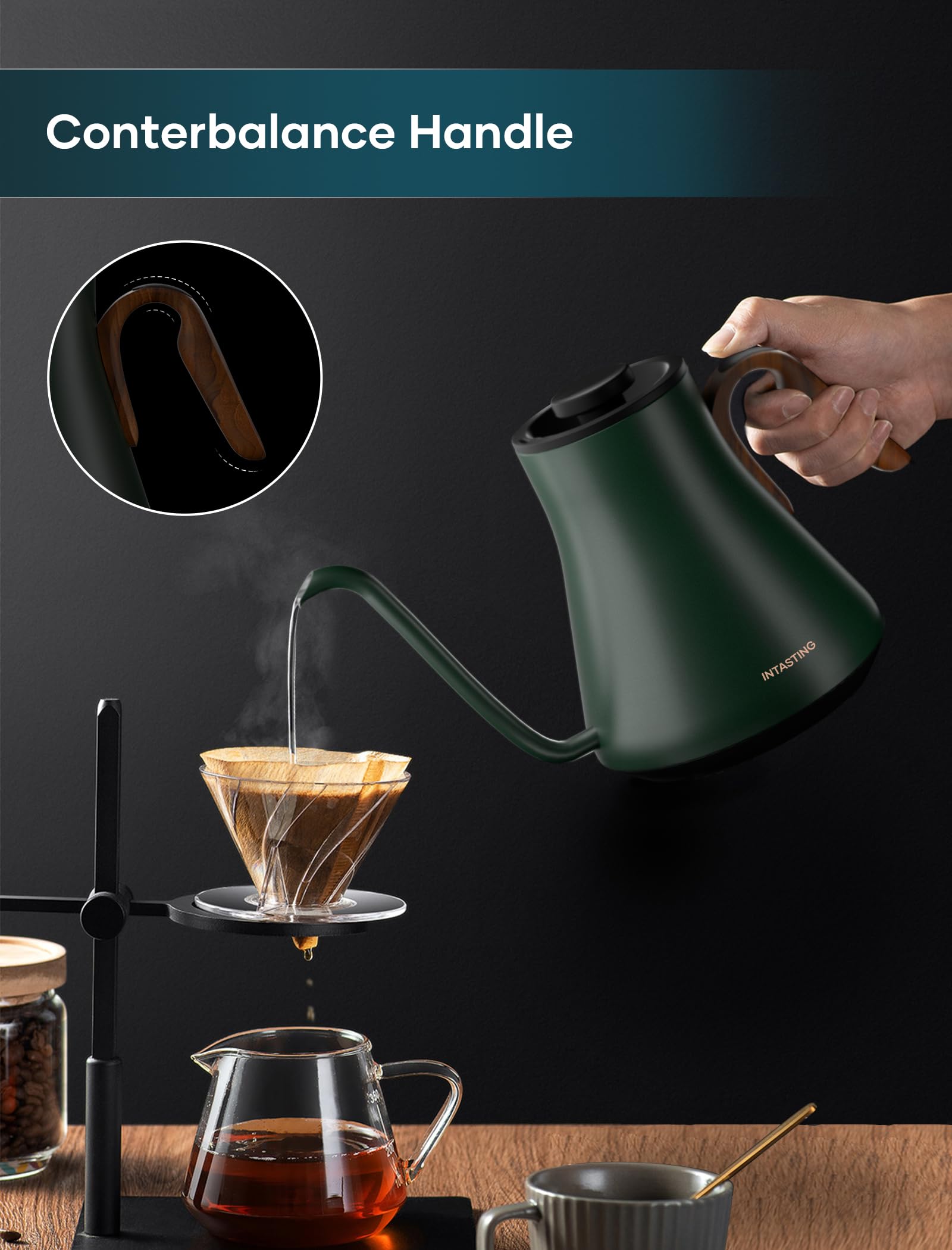INTASTING electric kettle forest green inner chamber emphasizes stainless steel contact for clean flavor.