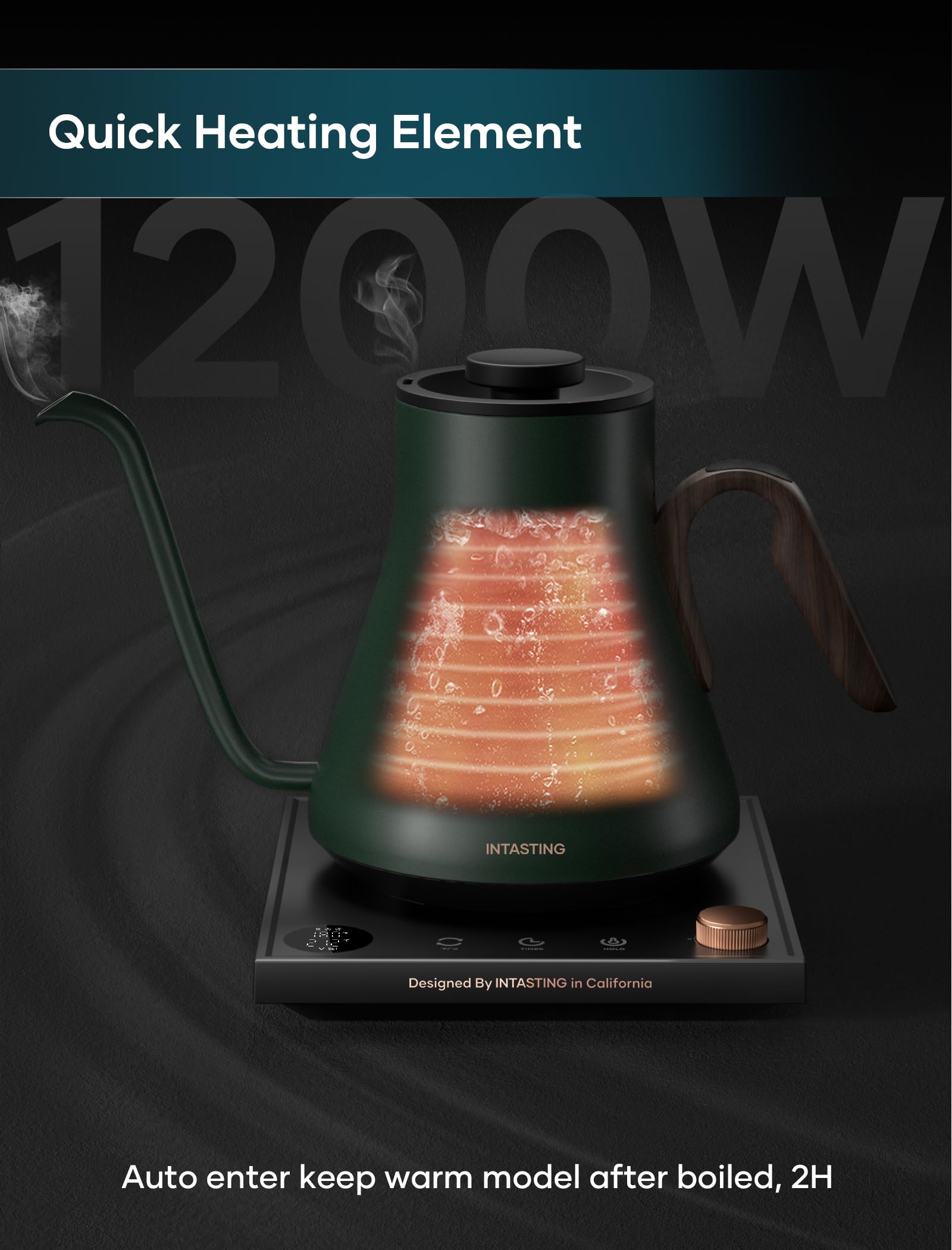 INTASTING electric kettle forest green plastic-free sensor ensures pure water in every pour.