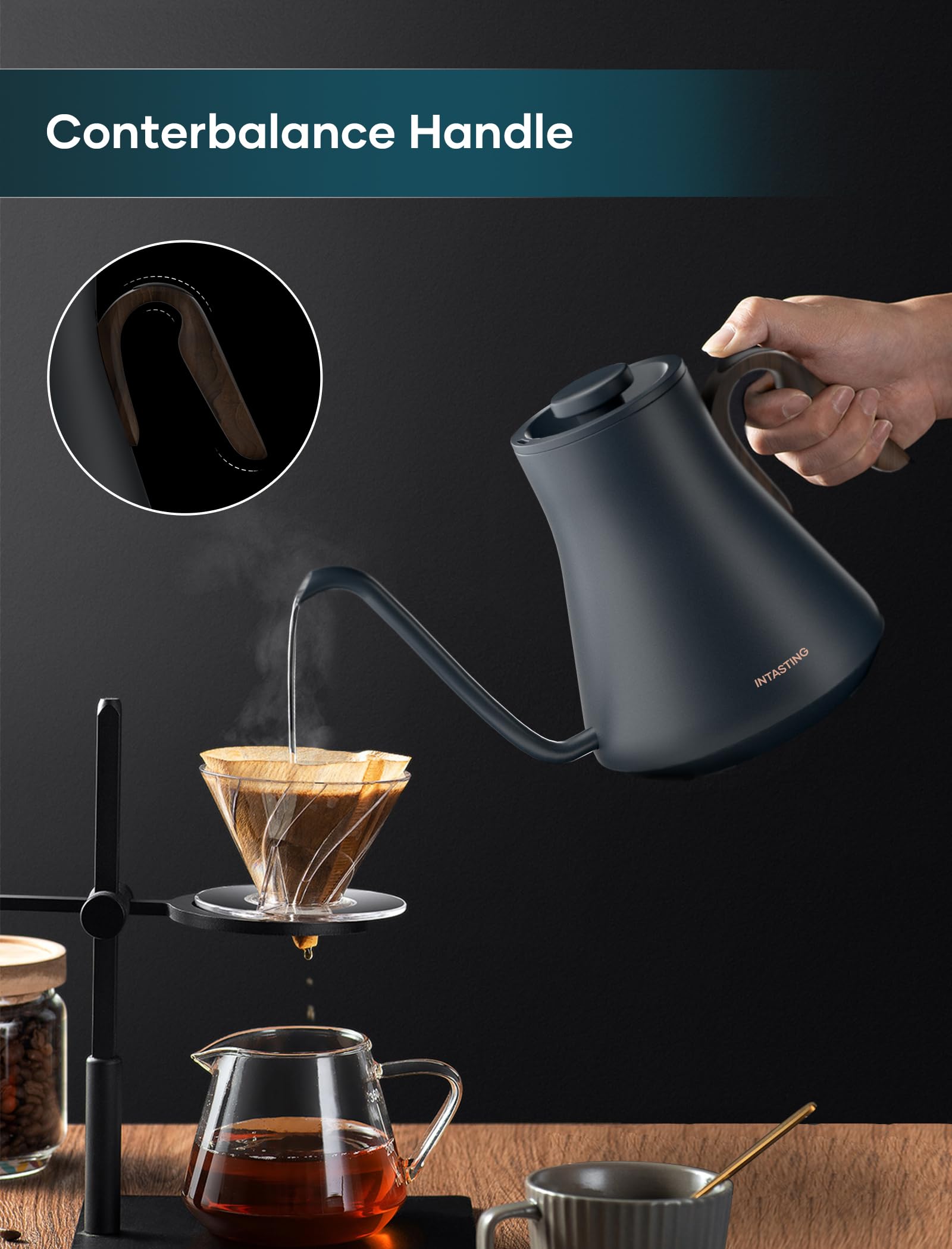 INTASTING Electric Kettle gooseneck spout close-up for controlled pours