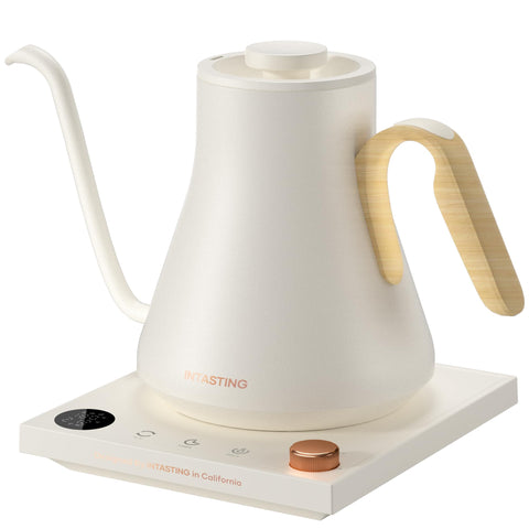 INTASTING electric kettle gooseneck spout close-up enhances precise pour control.
