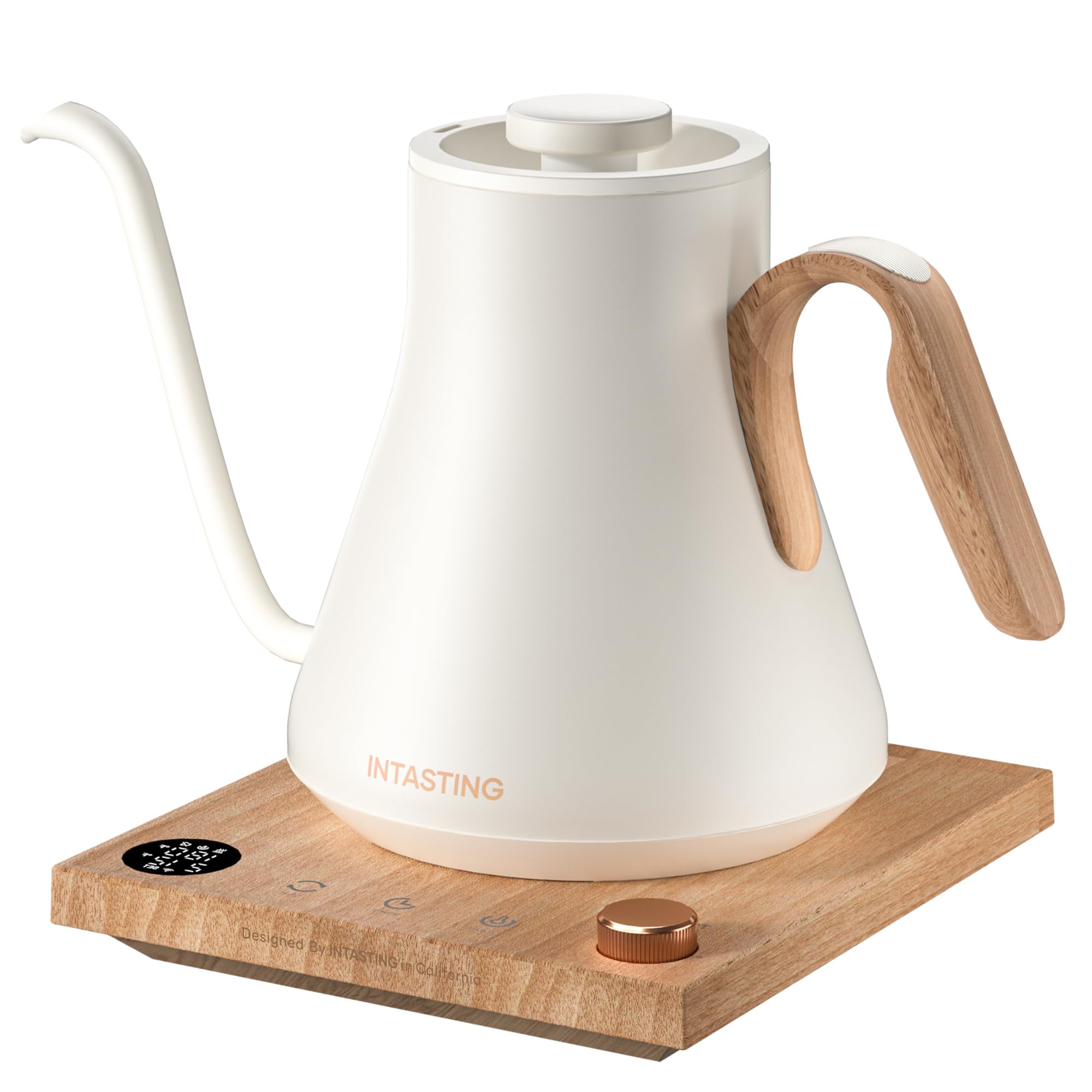 INTASTING electric kettle with gooseneck spout for precise pours ideal for pour-over coffee.