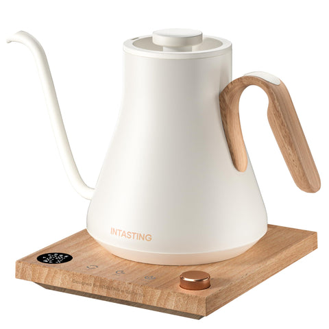 INTASTING electric kettle with gooseneck spout for precise pours ideal for pour-over coffee.