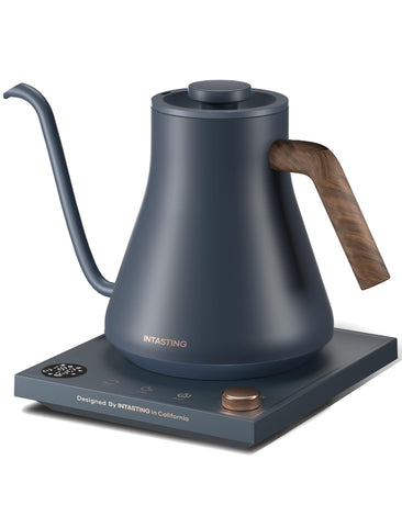 INTASTING electric kettle in navy blue with gooseneck spout for precise pour-over control.