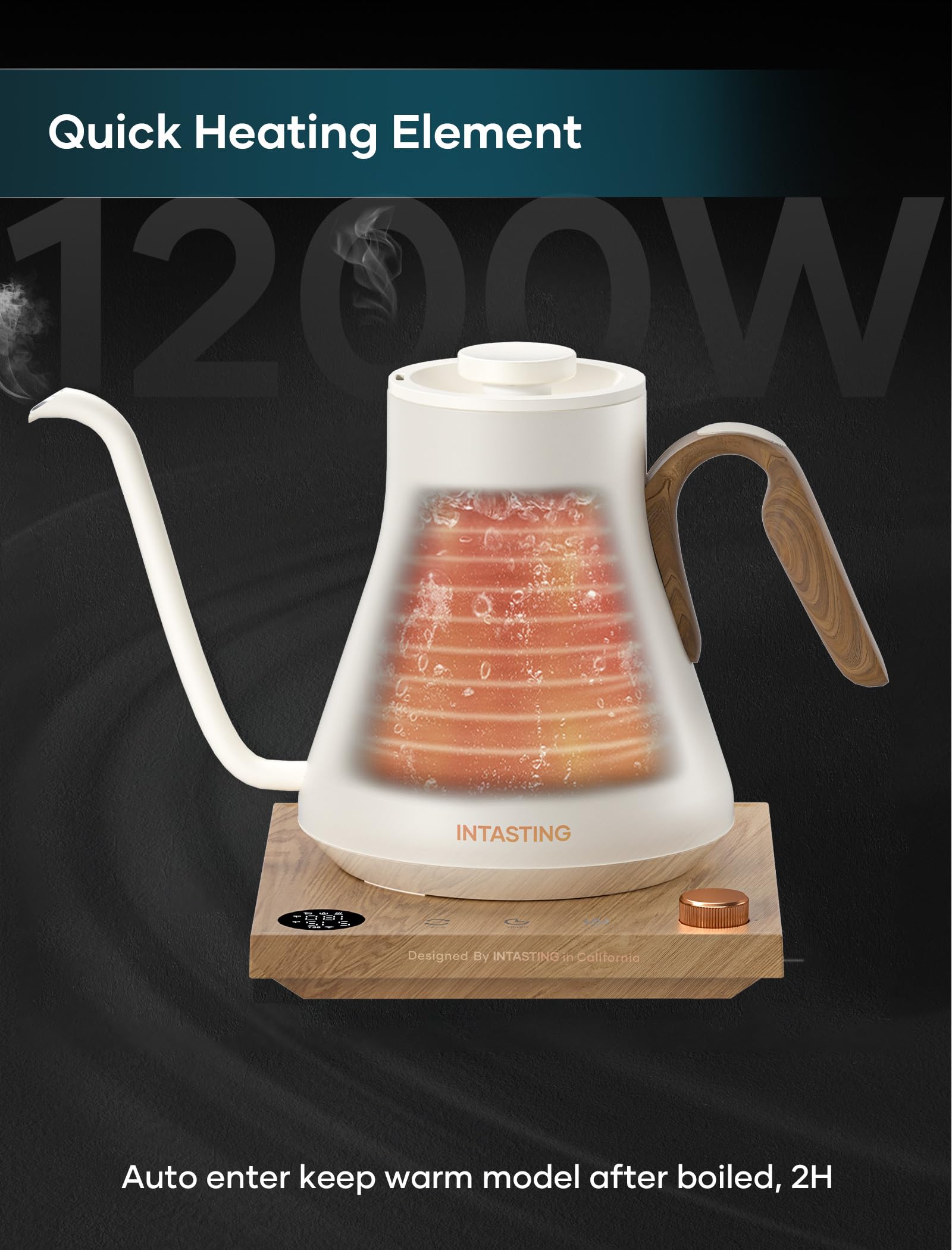 INTASTING electric kettle plastic-free sensor supports clean tasting brews.