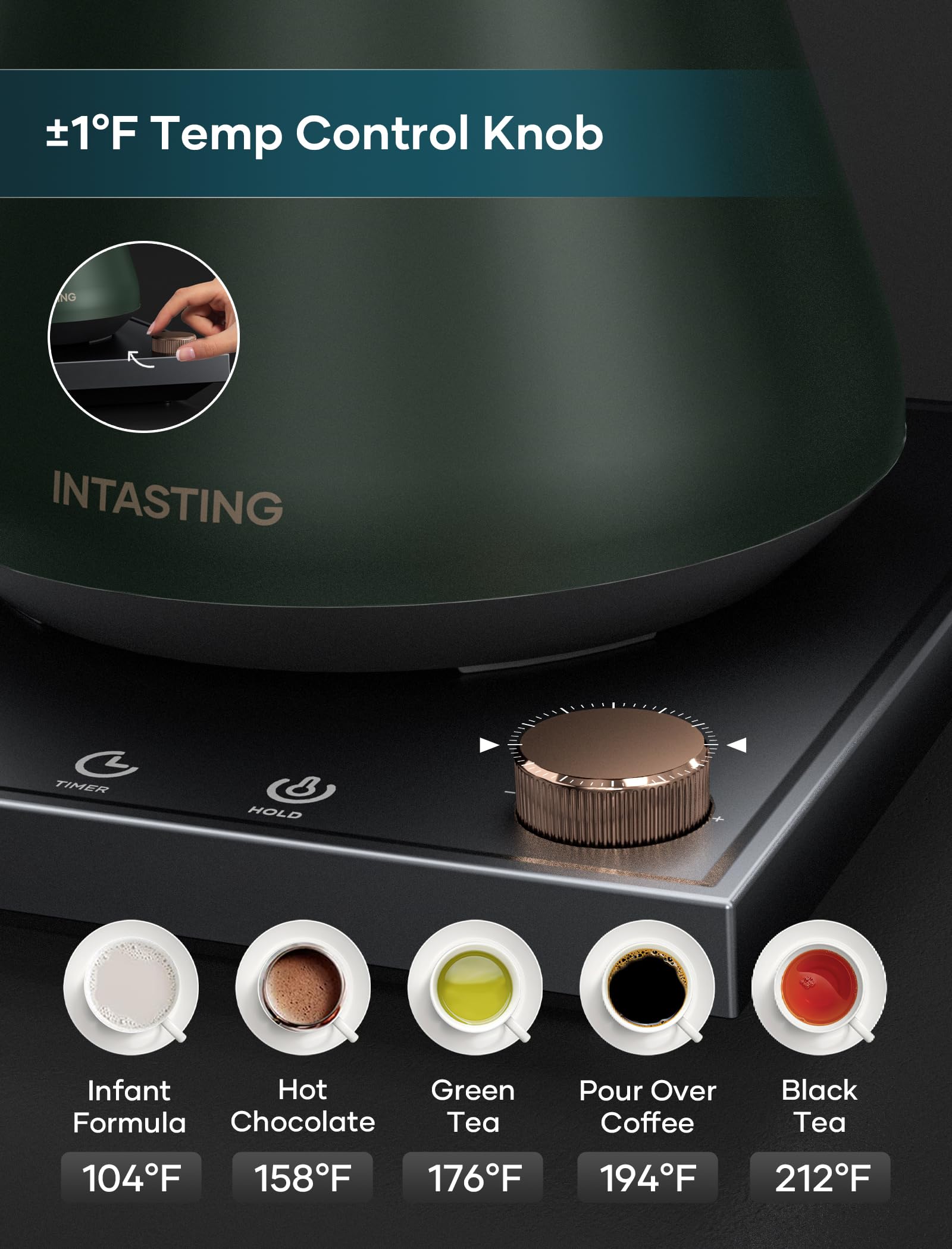 INTASTING kettle base with ±1℉ temperature control for consistent heat.