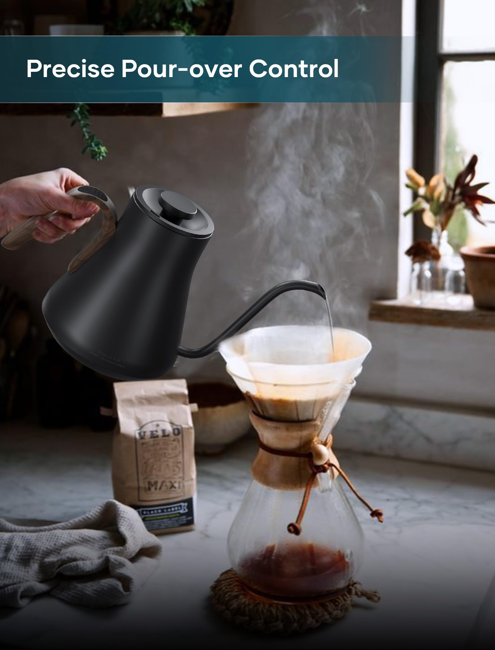 INTASTING kettle with ±1℉ temperature control for stable heat.