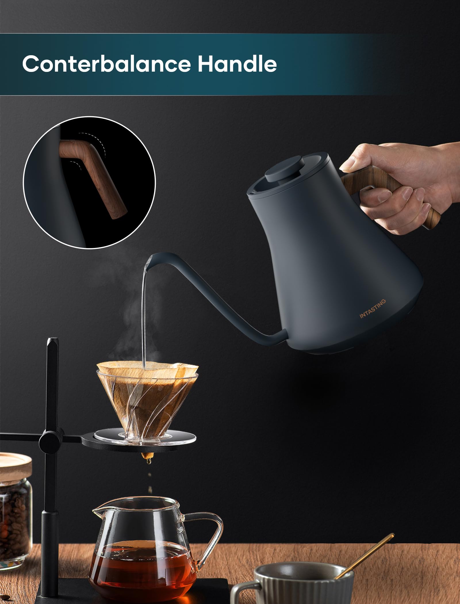INTASTING kettle in temp hold mode keeps water warm for pour-over.